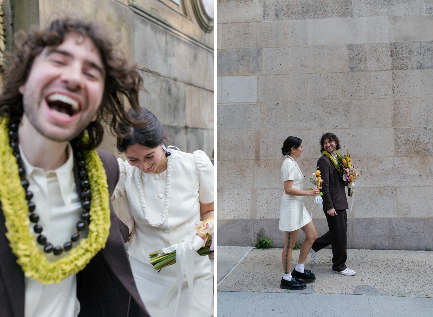 A bride and groom laugh as they walk towards Central Park