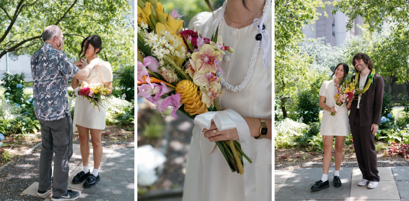 A tropical-inspired floral bouquet for a city hall elopement