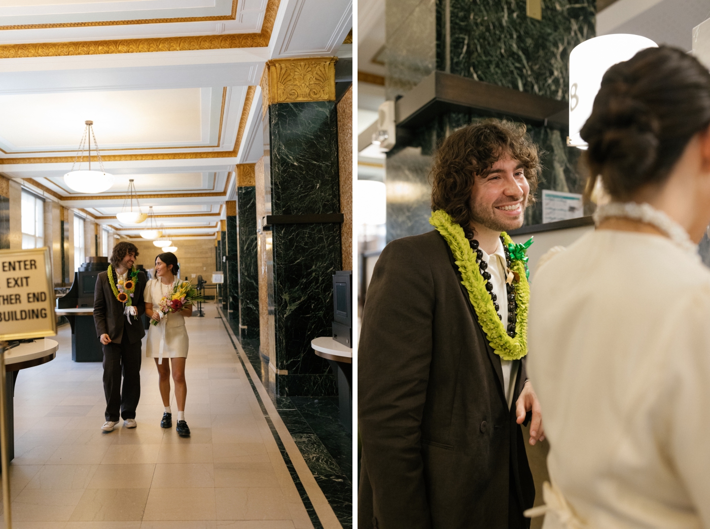 A bride and groom wearing Hawaiian leis enter Manhattan city hall