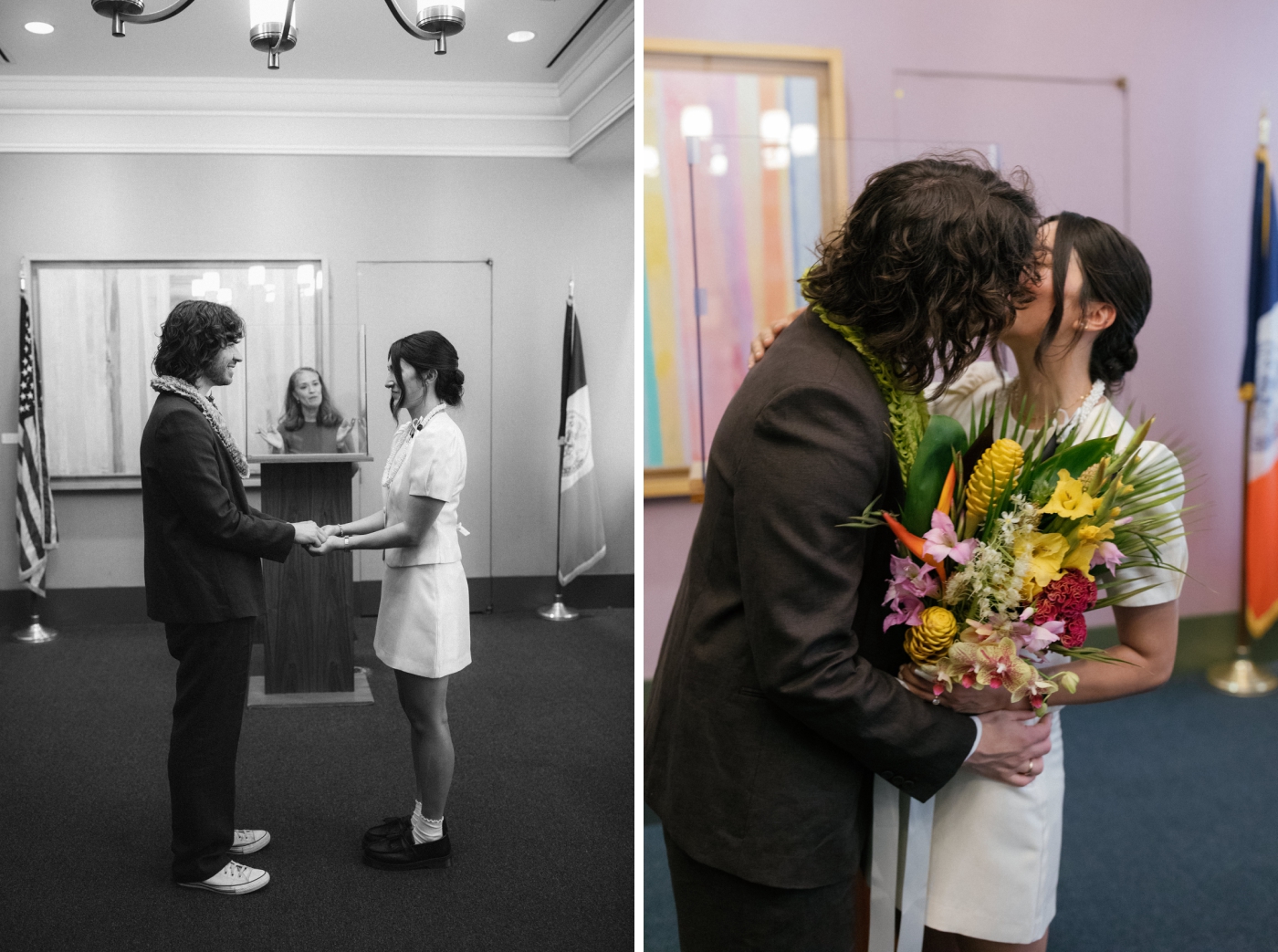 A bride and groom hold hands during a courthouse wedding in Manhattan