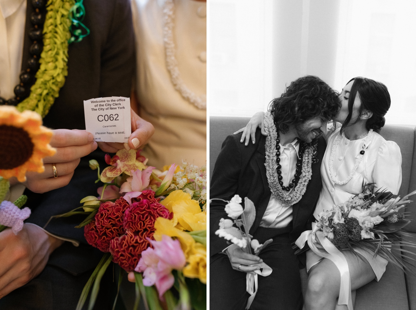 A bride and groom hold their city hall call number