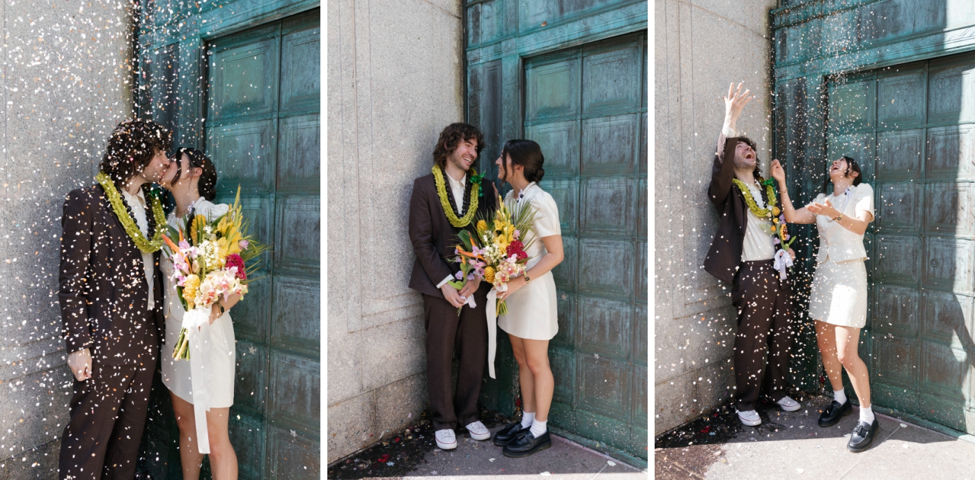A bride and groom stand outside Manhattan City Hall's famous green doors and throw confetti