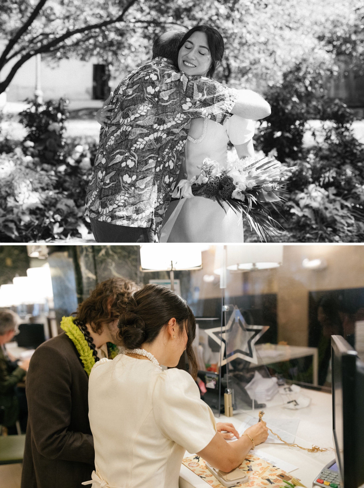 A bride and groom sign paperwork during a city hall elopement