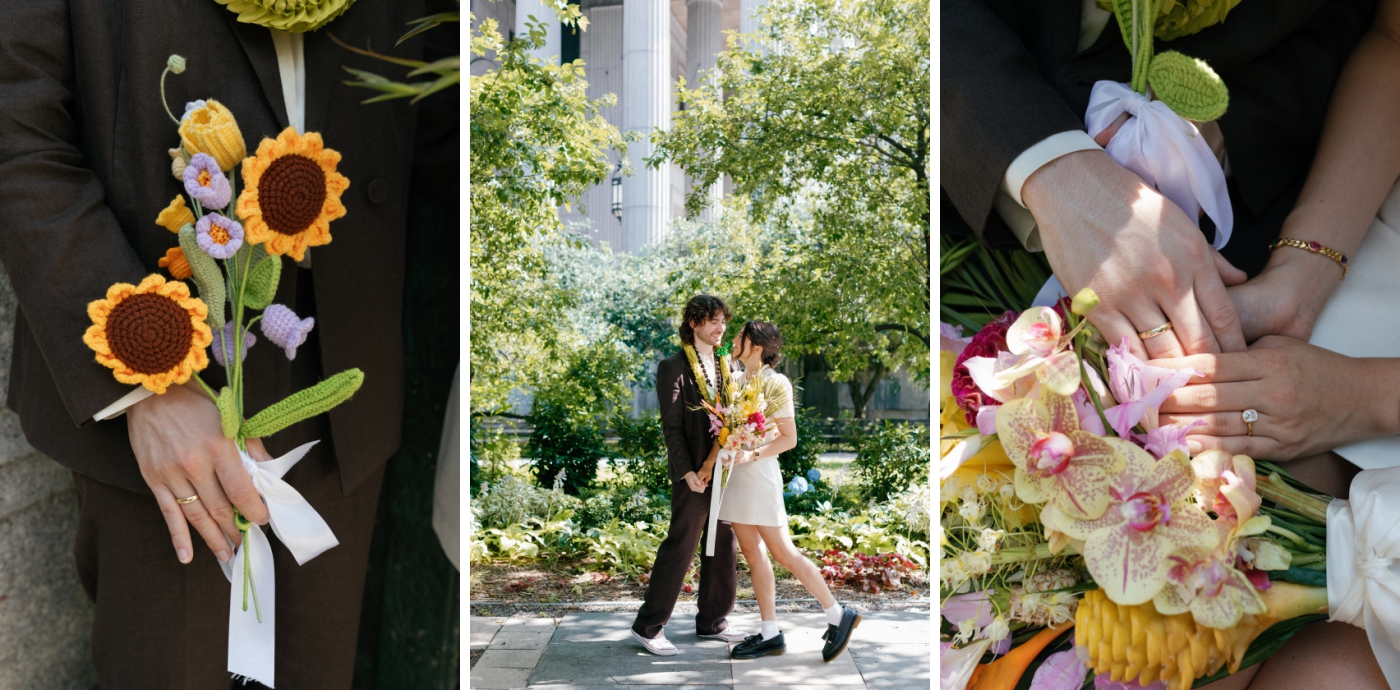 A bride holds a fresh flower bouquet while a groom holds a crochet sunflower bouquet