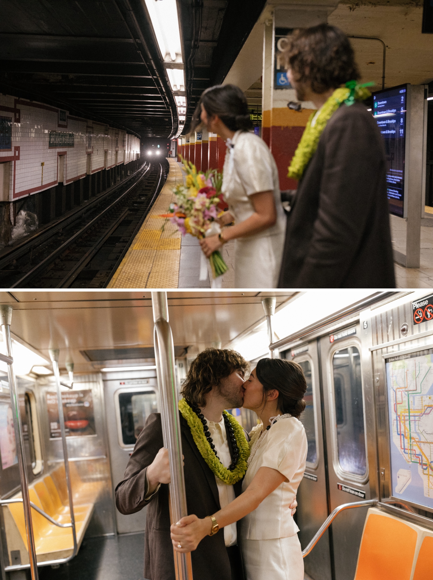 A bride and groom in an empty subway car, holding onto the standing pole as they kiss