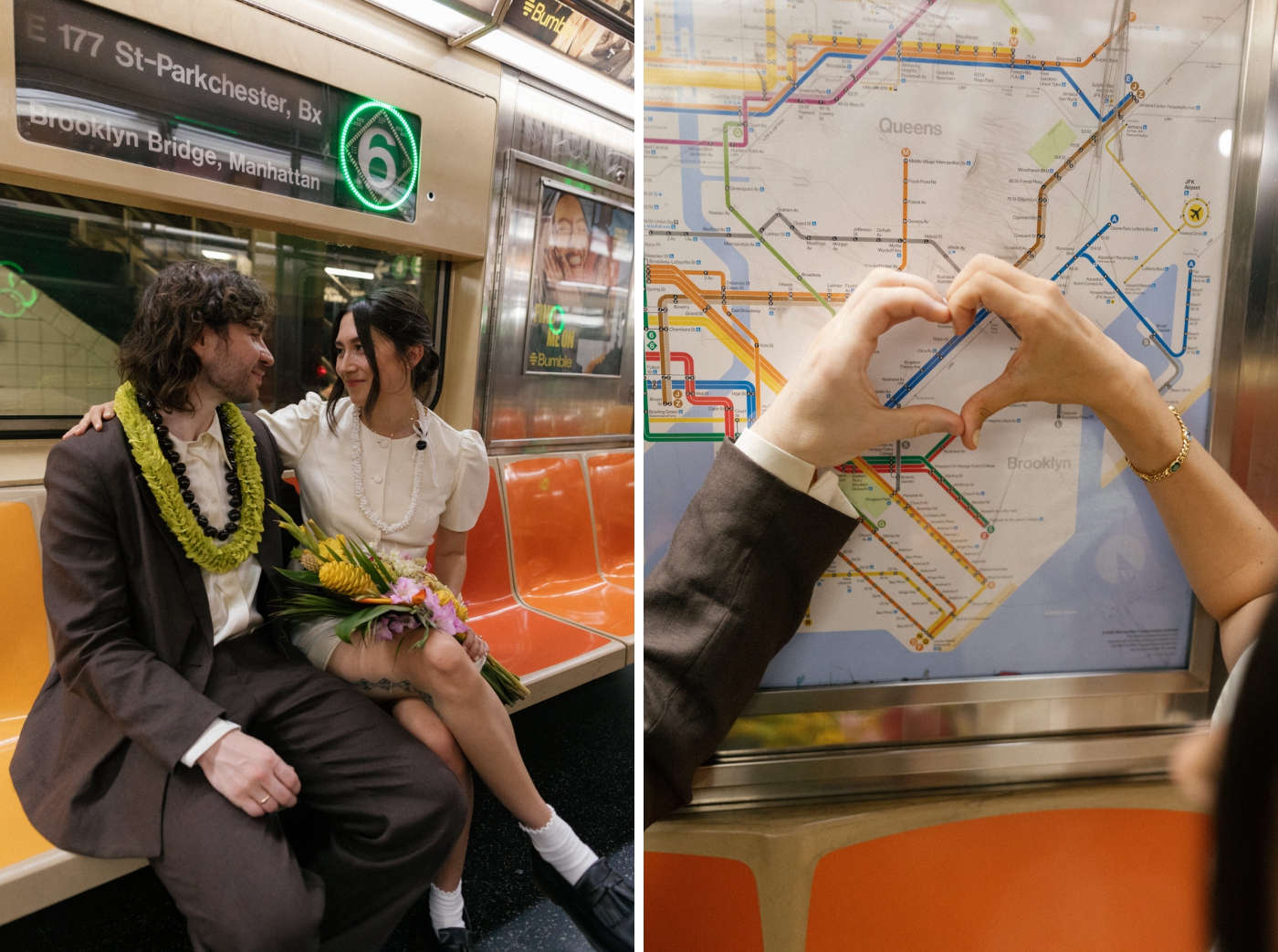 A bride and groom place a heart on the subway map of their neighborhood