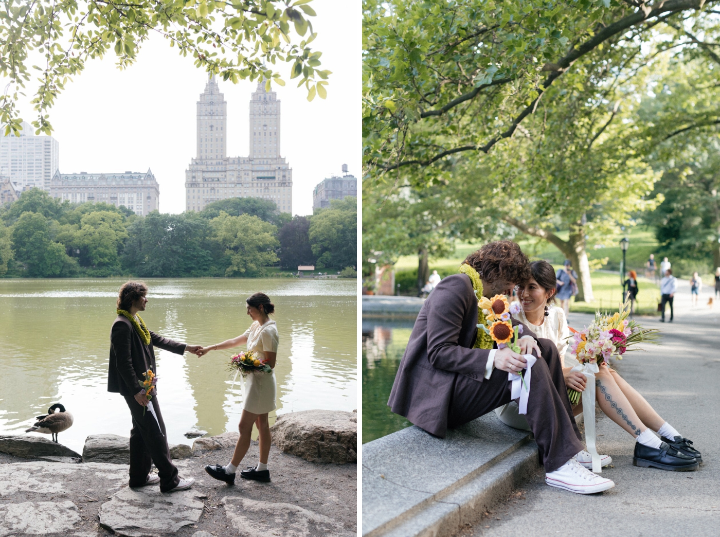 A bride and groom stand by the water at Central Park