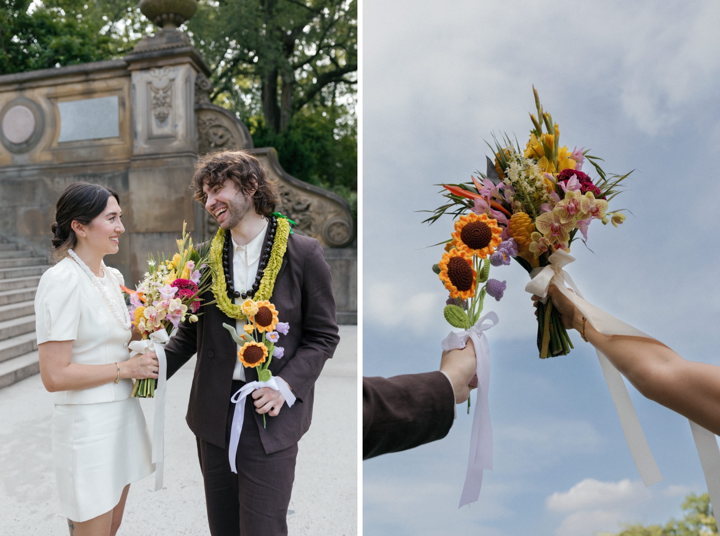 A fresh flower bouqet and a crochet flower bouquet held up against the blue sky