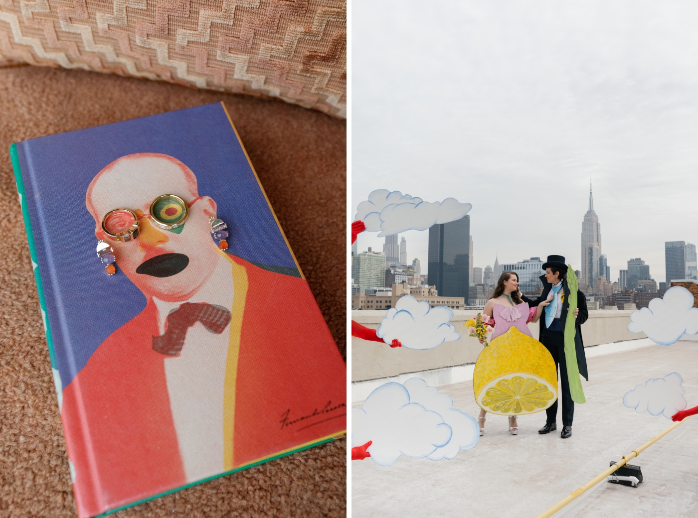 Two women in cardboard wedding outfits standing on a rooftop with the NYC skyline in the background