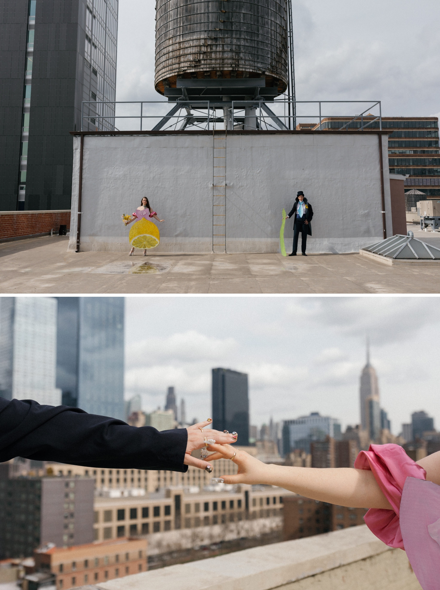 A surreal wedding portrait of two women in 2D costumes standing against a gray wall