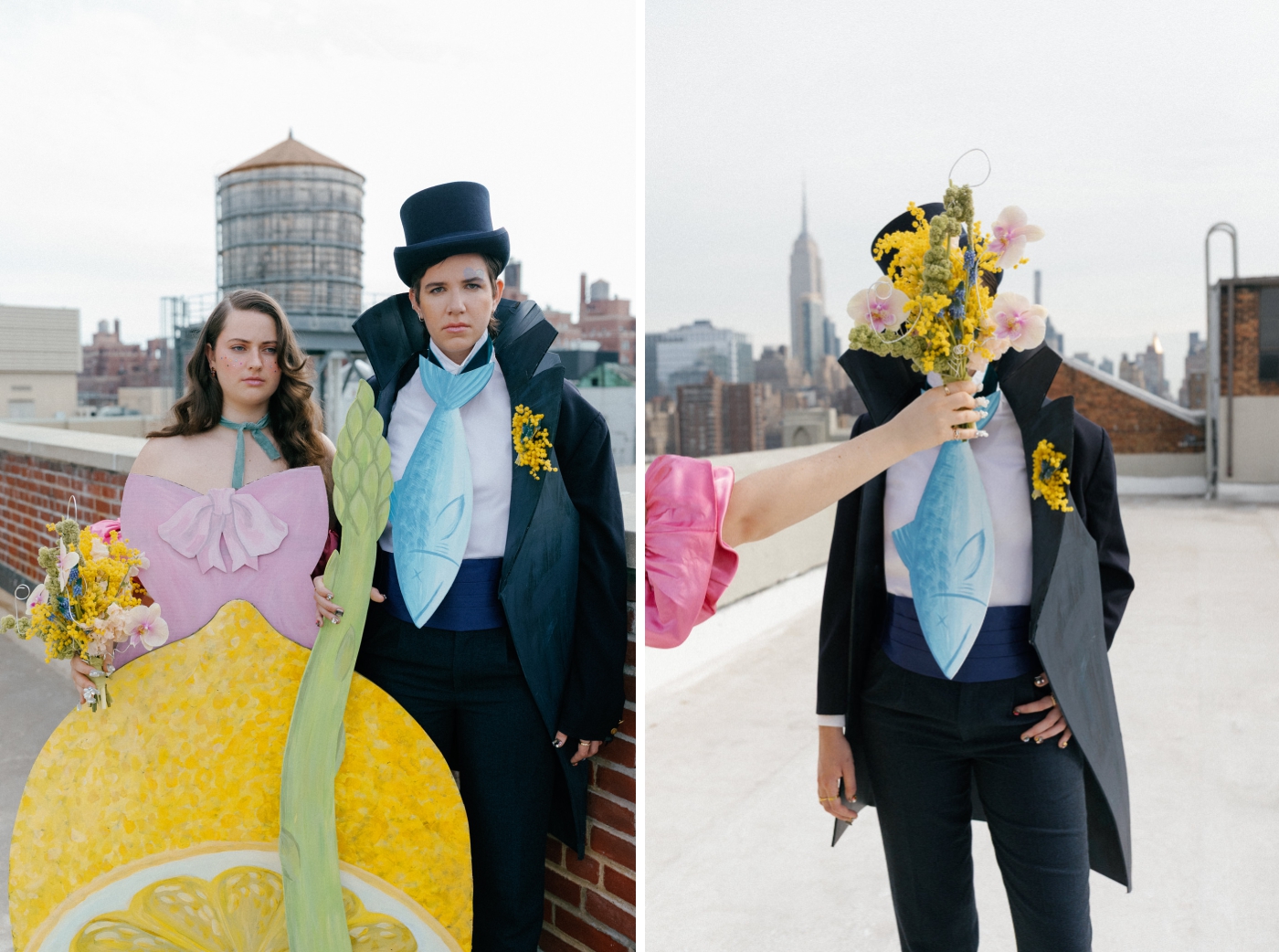 Flowers in front of the face of a woman wearing a top hat