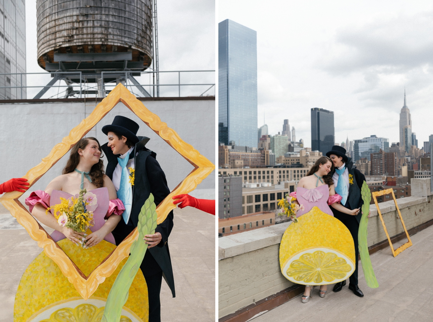 A surreal wedding portrait of a two brides gazing at one another while holding a cardboard picture frame