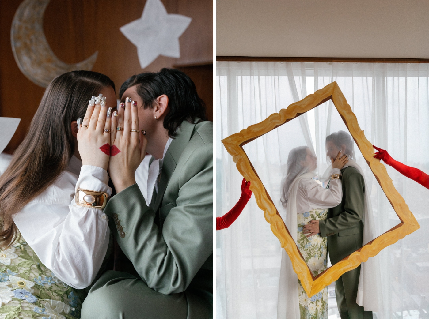 Surreal wedding portraits of two women behind a sheer curtain while red gloved hands hold a cardboard picture frame
