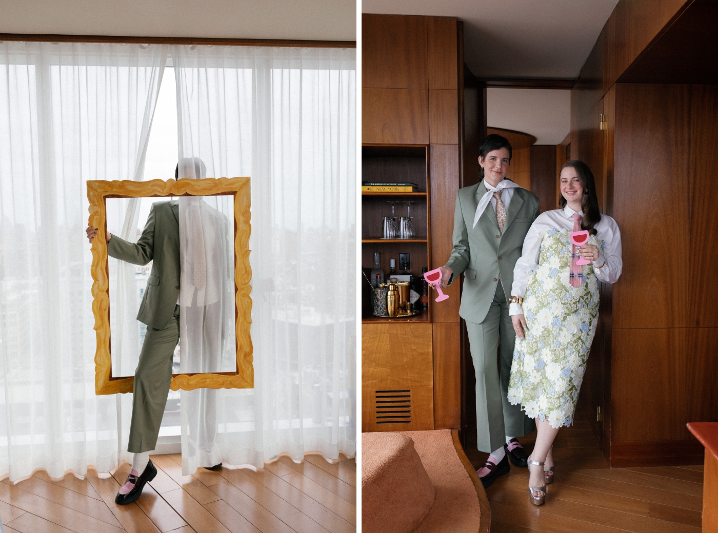 A woman in an olive pantsuit holds a gold cardboard picture frame around her leg