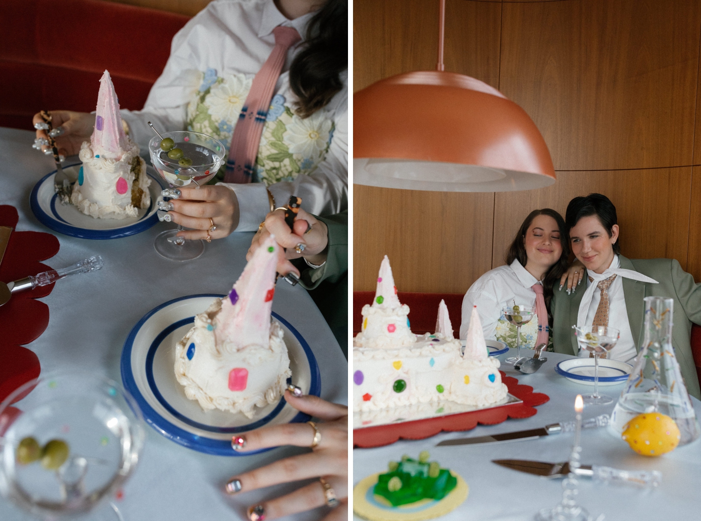 Two brides cut a sandcastle-shaped wedding cake with edible gemstones