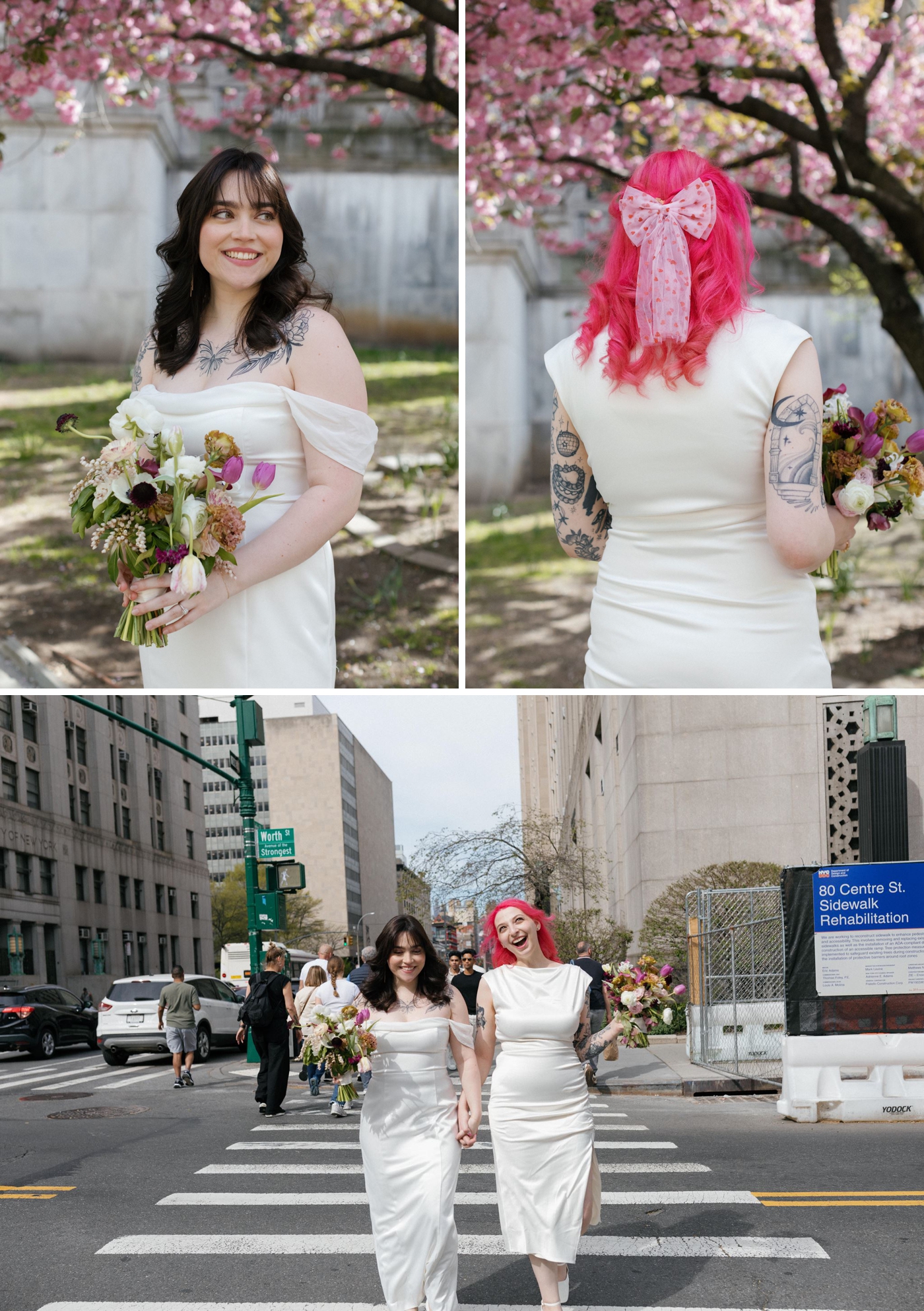Brides eloping under the cherry blossoms in NYC