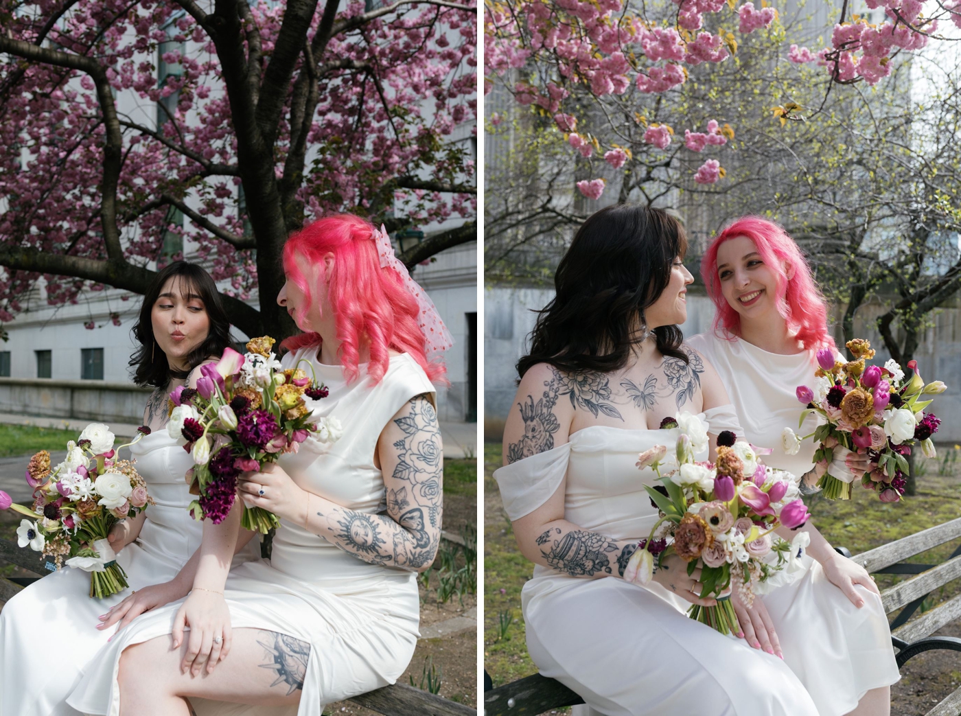 Brides eloping under the cherry blossoms in NYC