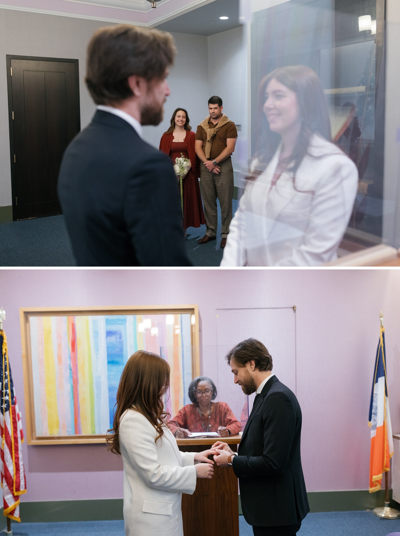 Bride Katie wearing a tailored white coat for her NYC City Hall wedding