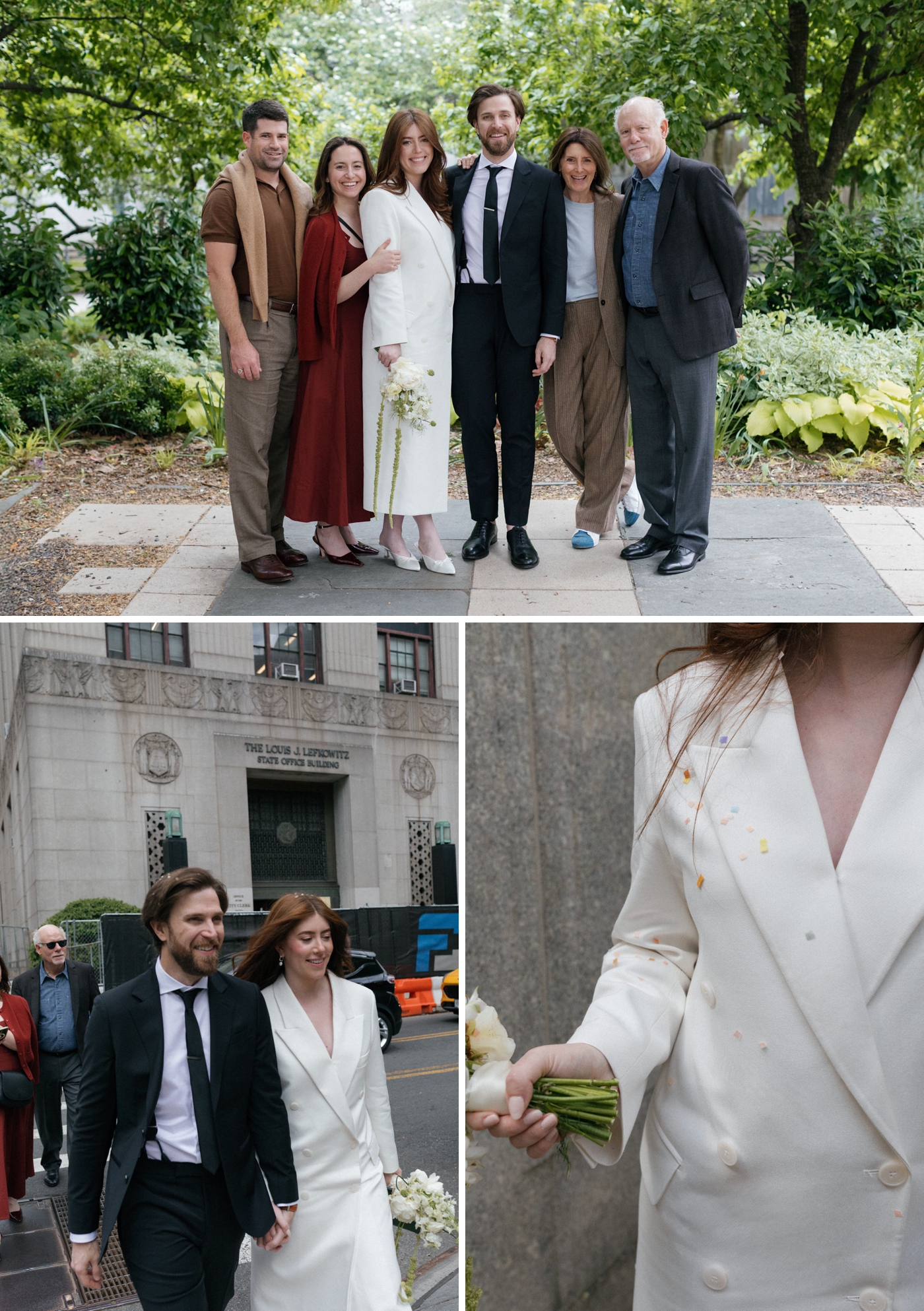 Bride wearing a tailored white coat for her NYC City Hall elopement