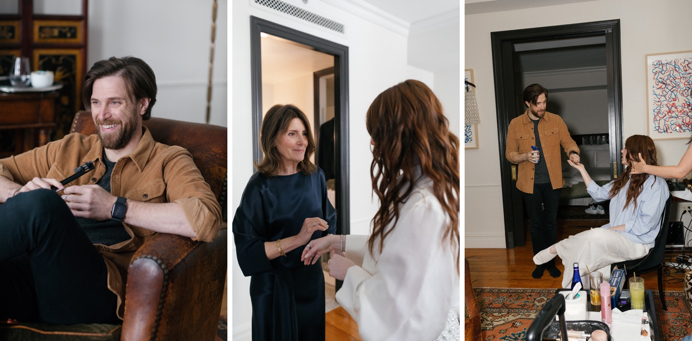 Bride and groom getting ready for their NYC elopement reception