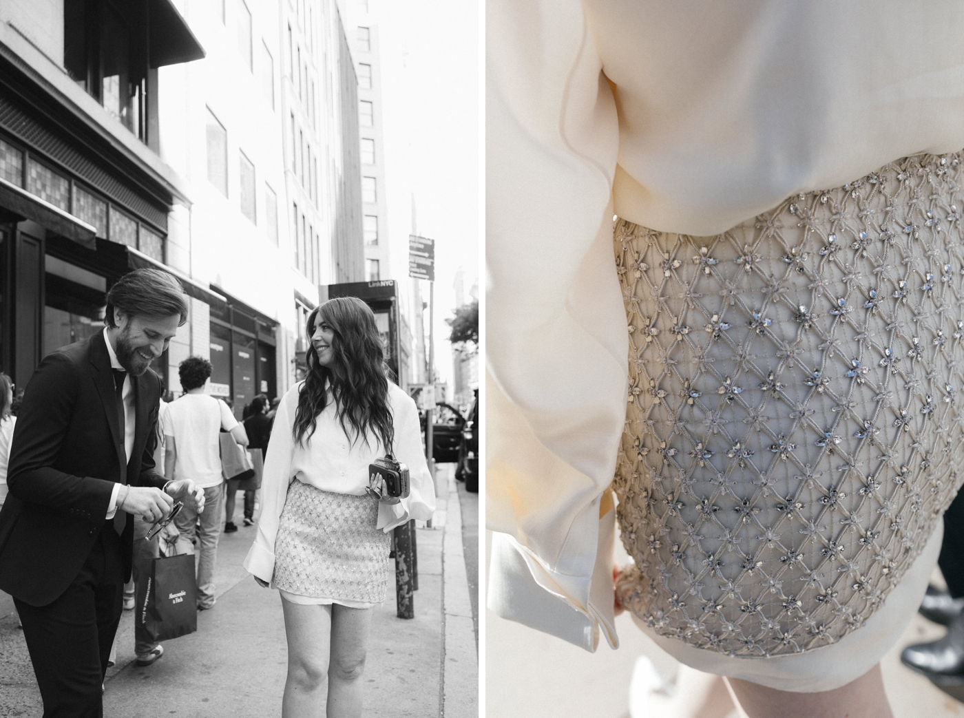 Bride wearing oversized silk shirt and sparkle overlay skirt for NYC elopement reception