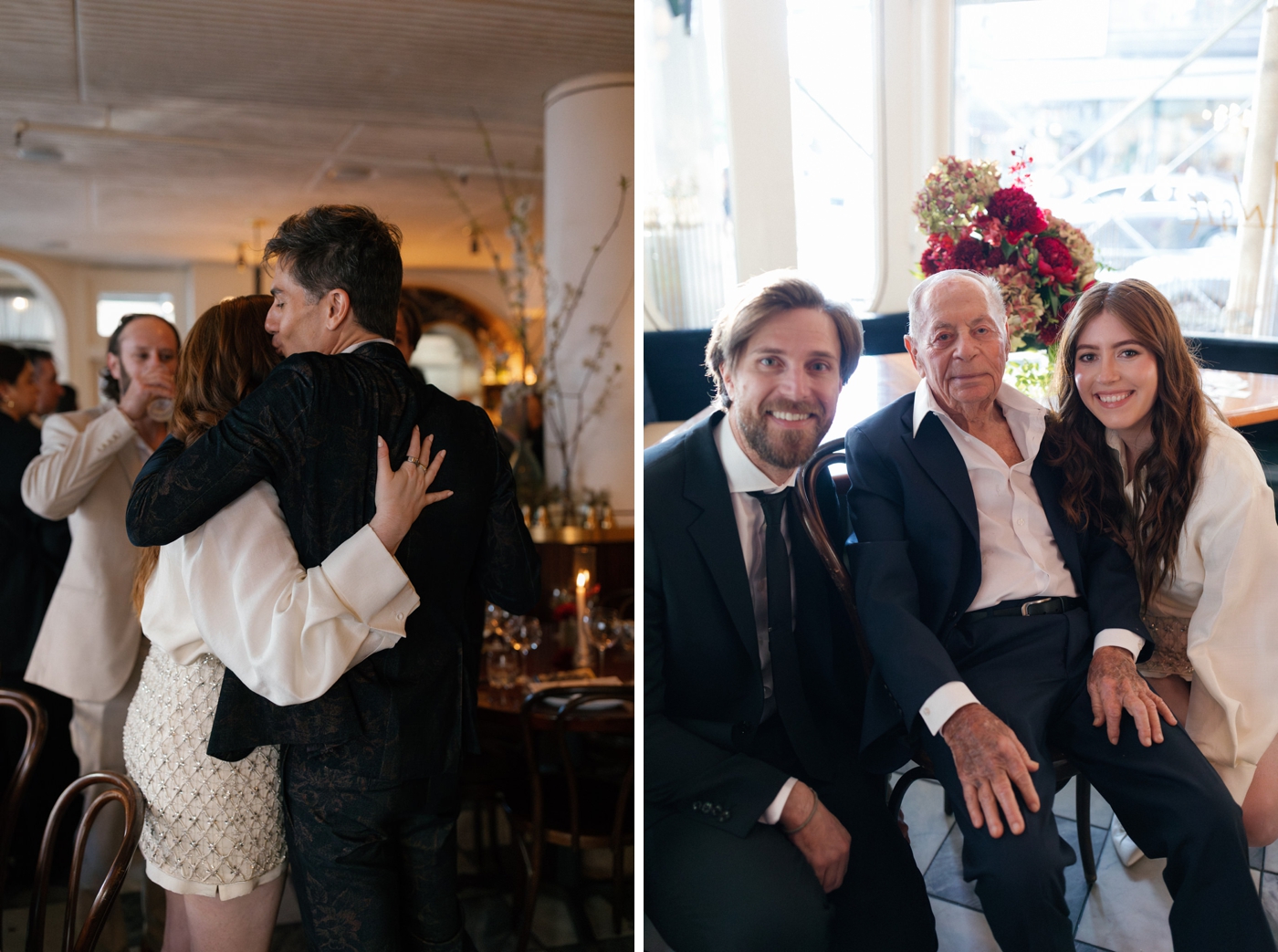 Bride and groom celebrating with friends and family at Don Angie