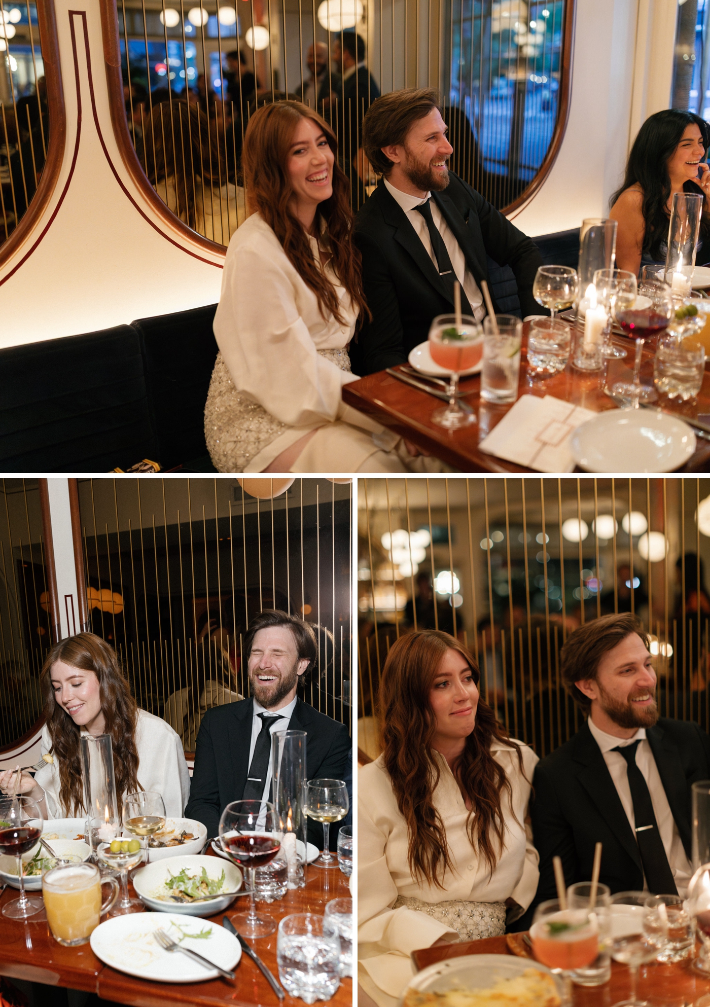 Bride and grooms reaction to wedding toasts at their dinner party at Don Angie