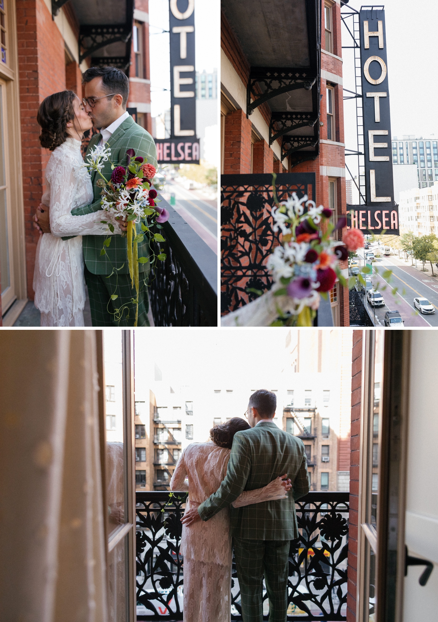 NYC elopement at Hotel Chelsea with iconic sign in the background